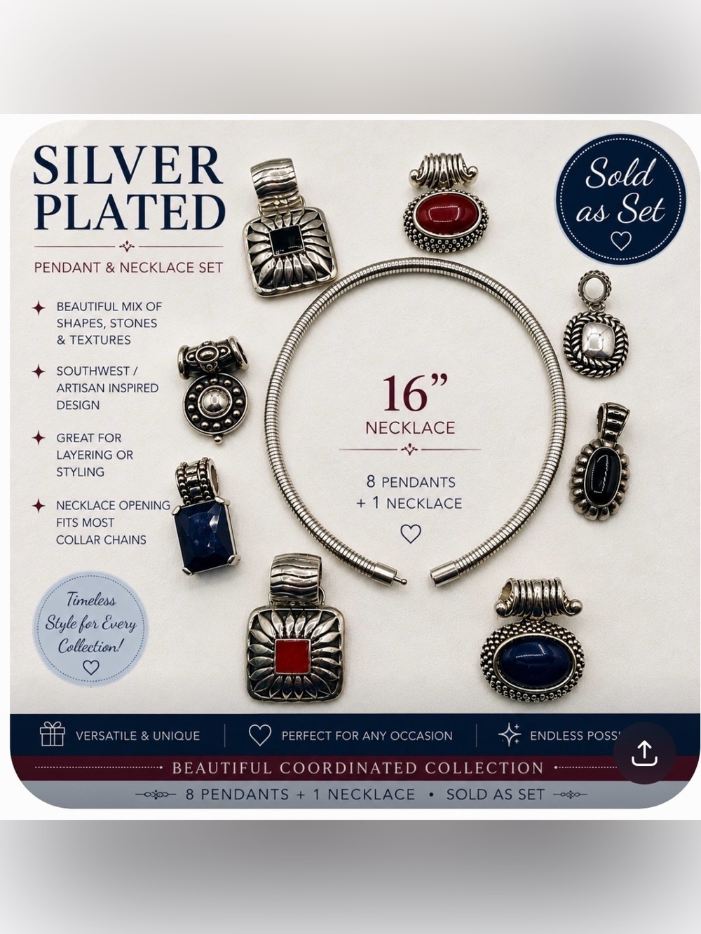 Silver 16” Necklace with 8 Interchangeable Pendants